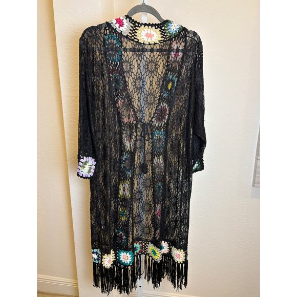 ASHA Womens Black Crochet Lace Fringe Boho Duster Kimono Festival Coverup NWOT - Picture 2 of 6